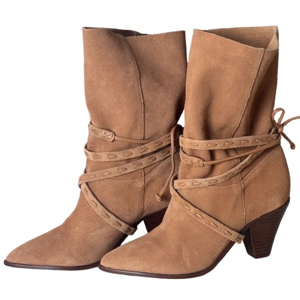 Schutz Portia Suede Ankle Boots Honey Peach Tan Leather Wrap Straps Size 6B - Picture 4 of 9